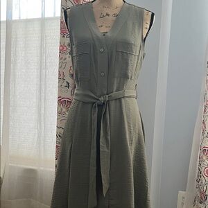 DKNY Olive Green Sleeveless Button-Front Tie-Waist Dress